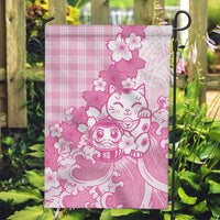 Pink Palaka Hawaiian And Japanese Garden Flag Maneki Neko And Sakura Bloom
