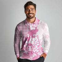 Pink Palaka Hawaiian And Japanese Long Sleeve Polo Shirt Maneki Neko And Sakura Bloom