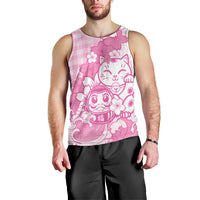 Pink Palaka Hawaiian And Japanese Men Tank Top Maneki Neko And Sakura Bloom