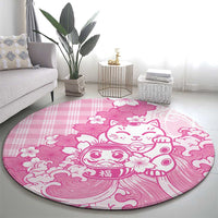 Pink Palaka Hawaiian And Japanese Round Carpet Maneki Neko And Sakura Bloom