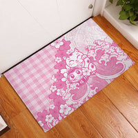 Pink Palaka Hawaiian And Japanese Rubber Doormat Maneki Neko And Sakura Bloom