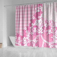 Pink Palaka Hawaiian And Japanese Shower Curtain Maneki Neko And Sakura Bloom
