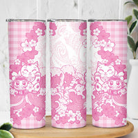 Pink Palaka Hawaiian And Japanese Skinny Tumbler Maneki Neko And Sakura Bloom