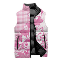 Pink Palaka Hawaiian And Japanese Sleeveless Puffer Jacket Maneki Neko And Sakura Bloom