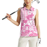 Pink Palaka Hawaiian And Japanese Women Sleeveless Polo Shirt Maneki Neko And Sakura Bloom