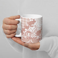 Beige Palaka Hawaiian And Japanese Ceramic Mug Maneki Neko And Sakura Bloom