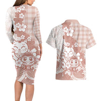 Beige Palaka Hawaiian And Japanese Couples Matching Long Sleeve Bodycon Dress and Hawaiian Shirt Maneki Neko And Sakura Bloom DT05 - Polynesian Pride