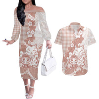 Beige Palaka Hawaiian And Japanese Couples Matching Off The Shoulder Long Sleeve Dress and Hawaiian Shirt Maneki Neko And Sakura Bloom DT05 Beige - Polynesian Pride