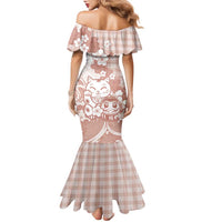 Beige Palaka Hawaiian And Japanese Family Matching Mermaid Dress and Hawaiian Shirt Maneki Neko And Sakura Bloom DT05 - Polynesian Pride