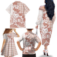 Beige Palaka Hawaiian And Japanese Family Matching Off The Shoulder Long Sleeve Dress and Hawaiian Shirt Maneki Neko And Sakura Bloom DT05 - Polynesian Pride
