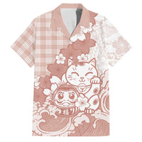 Beige Palaka Hawaiian And Japanese Family Matching Off The Shoulder Long Sleeve Dress and Hawaiian Shirt Maneki Neko And Sakura Bloom DT05 Dad's Shirt - Short Sleeve Beige - Polynesian Pride