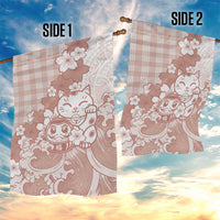 Beige Palaka Hawaiian And Japanese Garden Flag Maneki Neko And Sakura Bloom