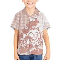 Beige Palaka Hawaiian And Japanese Kid Hawaiian Shirt Maneki Neko And Sakura Bloom