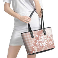 Beige Palaka Hawaiian And Japanese Leather Tote Bag Maneki Neko And Sakura Bloom