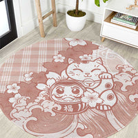 Beige Palaka Hawaiian And Japanese Round Carpet Maneki Neko And Sakura Bloom