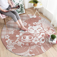 Beige Palaka Hawaiian And Japanese Round Carpet Maneki Neko And Sakura Bloom