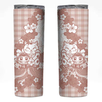 Beige Palaka Hawaiian And Japanese Skinny Tumbler Maneki Neko And Sakura Bloom
