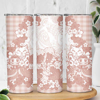 Beige Palaka Hawaiian And Japanese Skinny Tumbler Maneki Neko And Sakura Bloom