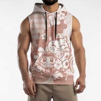 Beige Palaka Hawaiian And Japanese Sleeveless Hoodie Maneki Neko And Sakura Bloom