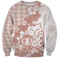 Beige Palaka Hawaiian And Japanese Sweatshirt Maneki Neko And Sakura Bloom