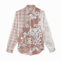 Beige Palaka Hawaiian And Japanese Women Casual Shirt Maneki Neko And Sakura Bloom
