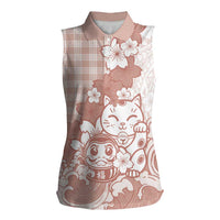 Beige Palaka Hawaiian And Japanese Women Sleeveless Polo Shirt Maneki Neko And Sakura Bloom