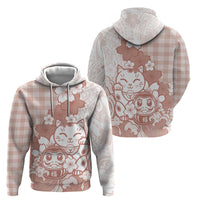 Beige Palaka Hawaiian And Japanese Zip Hoodie Maneki Neko And Sakura Bloom