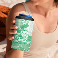 Green Palaka Hawaiian And Japanese 4 in 1 Can Cooler Tumbler Maneki Neko And Sakura Bloom