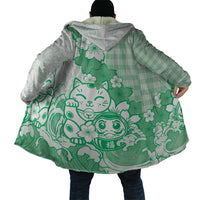 Green Palaka Hawaiian And Japanese Cloak Maneki Neko And Sakura Bloom