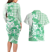 Green Palaka Hawaiian And Japanese Couples Matching Long Sleeve Bodycon Dress and Hawaiian Shirt Maneki Neko And Sakura Bloom DT05 - Polynesian Pride