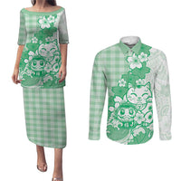 Green Palaka Hawaiian And Japanese Couples Matching Puletasi and Long Sleeve Button Shirt Maneki Neko And Sakura Bloom