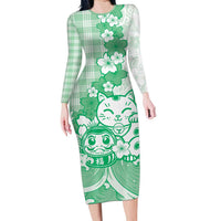 Green Palaka Hawaiian And Japanese Family Matching Long Sleeve Bodycon Dress and Hawaiian Shirt Maneki Neko And Sakura Bloom DT05 Mom's Dress Green - Polynesian Pride