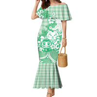 Green Palaka Hawaiian And Japanese Family Matching Mermaid Dress and Hawaiian Shirt Maneki Neko And Sakura Bloom DT05 Mom's Dress Green - Polynesian Pride