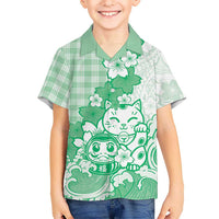 Green Palaka Hawaiian And Japanese Family Matching Off Shoulder Maxi Dress and Hawaiian Shirt Maneki Neko And Sakura Bloom DT05 Son's Shirt Green - Polynesian Pride