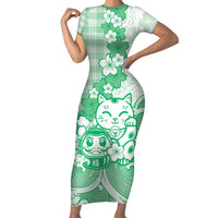 Green Palaka Hawaiian And Japanese Family Matching Short Sleeve Bodycon Dress and Hawaiian Shirt Maneki Neko And Sakura Bloom DT05 Mom's Dress Green - Polynesian Pride