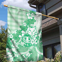 Green Palaka Hawaiian And Japanese Garden Flag Maneki Neko And Sakura Bloom