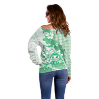 Green Palaka Hawaiian And Japanese Off Shoulder Sweater Maneki Neko And Sakura Bloom