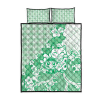 Green Palaka Hawaiian And Japanese Quilt Bed Set Maneki Neko And Sakura Bloom
