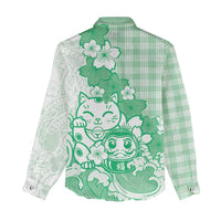 Green Palaka Hawaiian And Japanese Women Casual Shirt Maneki Neko And Sakura Bloom