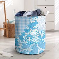 Blue Palaka Hawaiian And Japanese Laundry Basket Maneki Neko And Sakura Bloom