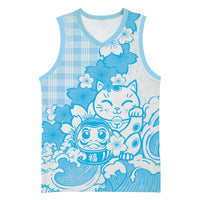 Blue Palaka Hawaiian And Japanese Basketball Jersey Maneki Neko And Sakura Bloom