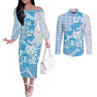 Blue Palaka Hawaiian And Japanese Couples Matching Off The Shoulder Long Sleeve Dress and Long Sleeve Button Shirt Maneki Neko And Sakura Bloom