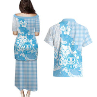 Blue Palaka Hawaiian And Japanese Couples Matching Puletasi and Hawaiian Shirt Maneki Neko And Sakura Bloom