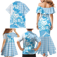 Blue Palaka Hawaiian And Japanese Family Matching Mermaid Dress and Hawaiian Shirt Maneki Neko And Sakura Bloom DT05 - Polynesian Pride
