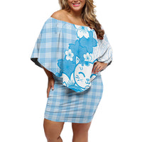 Blue Palaka Hawaiian And Japanese Family Matching Off Shoulder Short Dress and Hawaiian Shirt Maneki Neko And Sakura Bloom DT05 Mom's Dress Blue - Polynesian Pride