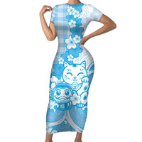 Blue Palaka Hawaiian And Japanese Family Matching Short Sleeve Bodycon Dress and Hawaiian Shirt Maneki Neko And Sakura Bloom DT05 Mom's Dress Blue - Polynesian Pride