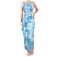Blue Palaka Hawaiian And Japanese Family Matching Tank Maxi Dress and Hawaiian Shirt Maneki Neko And Sakura Bloom DT05 Mom's Dress Blue - Polynesian Pride