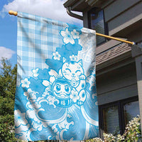 Blue Palaka Hawaiian And Japanese Garden Flag Maneki Neko And Sakura Bloom