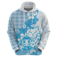 Blue Palaka Hawaiian And Japanese Hoodie Maneki Neko And Sakura Bloom