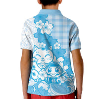 Blue Palaka Hawaiian And Japanese Kid Polo Shirt Maneki Neko And Sakura Bloom